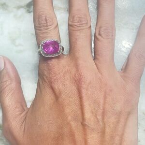 10k Solid White Gold Cushion Cut Pink Sapphire Diamond Halo Ring Sz 7